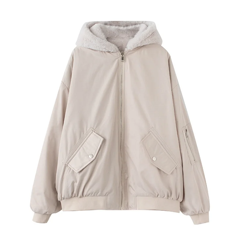 

Женское пальто из овечьей шерсти, Двусторонняя одежда, плотные теплые куртки с капюшоном и карманами, модель 2022 года, зимняя модная женская Свободная куртка, женская верхняя одежда на молнии