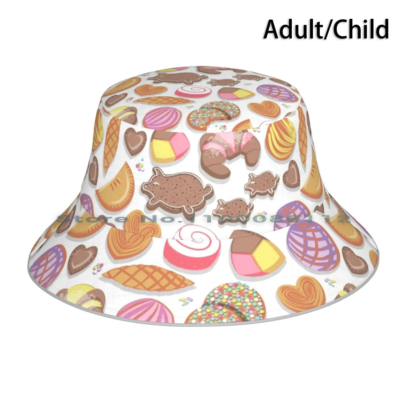 

Mexican Sweet Bakery Frenzy / / White Background / / Pastel Colors Pan Dulce Bucket Hat Sun Cap Food Illustration Pastry