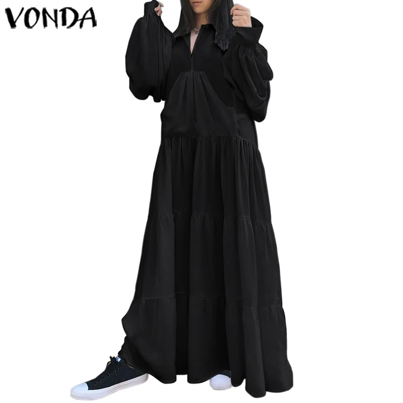 VONDA, винтажное макси платье,, женское, сексуальное, v-образный вырез, одноцветные платья размера плюс, богемный стиль, Vestidos Femme, для вечеринки, сарафан, 5XL Robe - Цвет: Черный