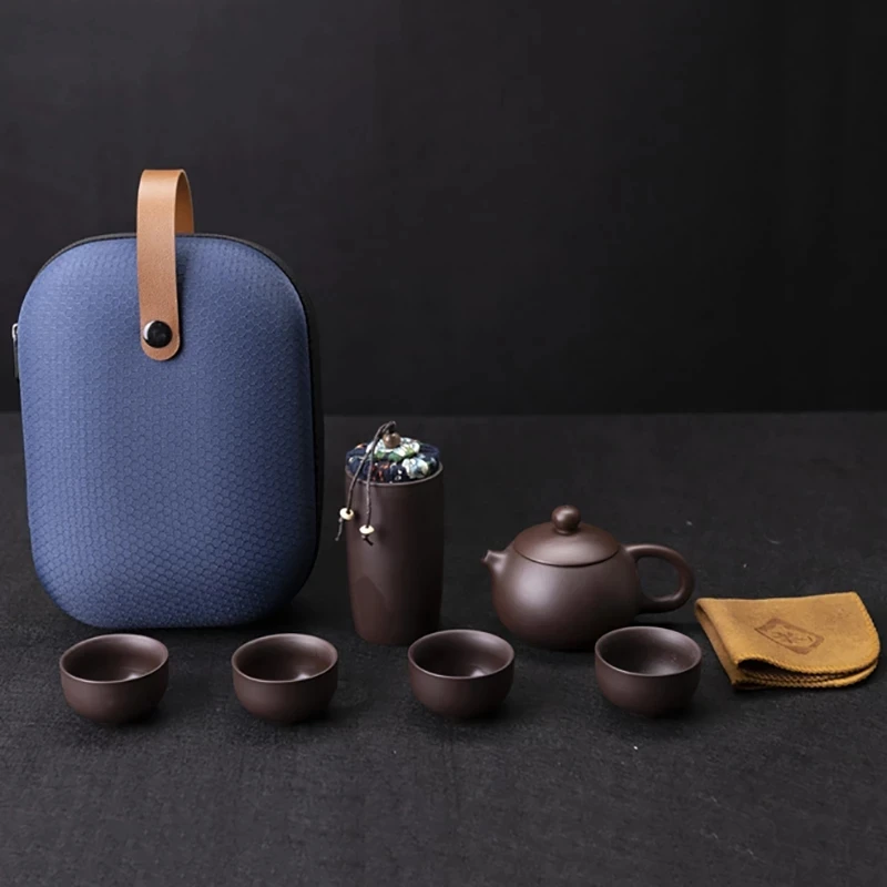 

Китайский керамический чайный набор, дорожный чайный набор, портативный чайный набор из фиолетовой глины с чайной чашкой, 4 чайные чашки, кр...
