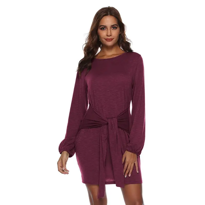 

Womens Autumn Winter Lantern Long Sleeves Crew Neck Bodycon Mini Dress Solid Color Tie Knot Waist A-Line Pullover Party Clubwear
