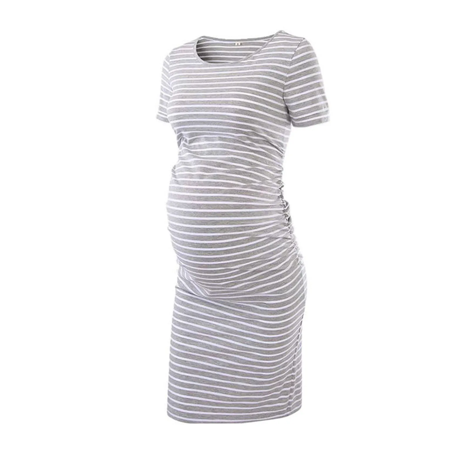 

New Woman's Dresses O-Neck Stripe Short Sleeve Breast-Feeding Pregnant Maternity Nursing Dress Plaid Maternity Long Skirt