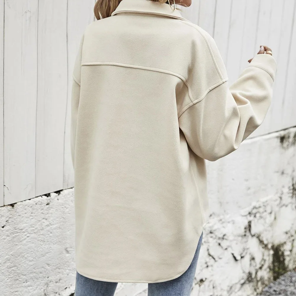 

Europe America Autumn Winter 2021 Lapel Long-sleeved Single-breasted Thick Solid Color Shirt Woolen Loose Jacket Women