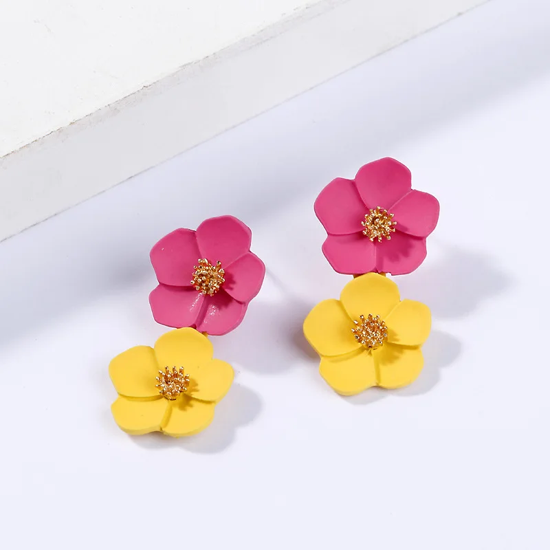 Pink Yellow Многоцветные двухслойные серьги в виде цветка для женщин, для свадебной вечеринки, Boho, ювелирное изделие, массивные большие Лепестковые серьги в виде капель, Букле д 'Орель - Окраска металла: Pink Yellow