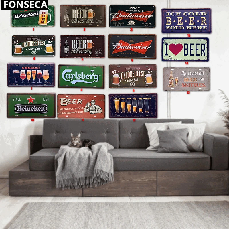 Beer Tin Sign Metal Car Plate License Vintage Shabby Pub Bar Wall Plaques Posters Restaurant Rome Decor Hanging Paintings | Дом и сад