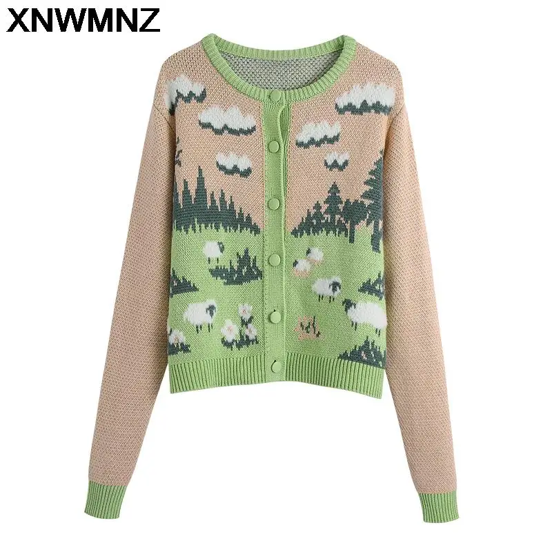 

XNWMNZ Za Women 2021 Fashion Buttons Animal pattern Cardigan Sweater Vintage Long Sleeve Round neck Female Outerwear Chic Tops