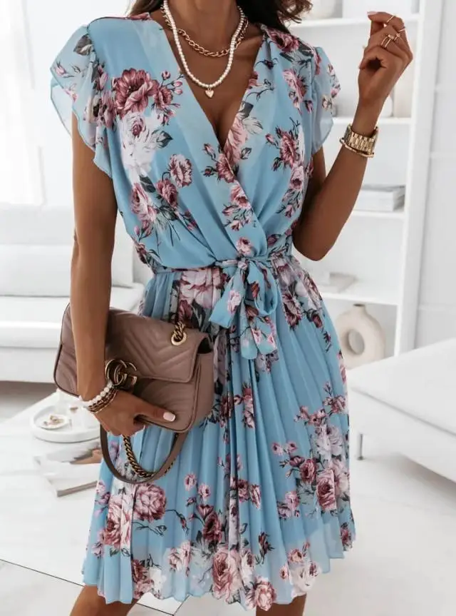 

Summer Women's Dress Deep V Neck Pink Pleated Dress Chiffon Ruffles Sleeve Floral Print Mini Dress Office Ladies Dresses