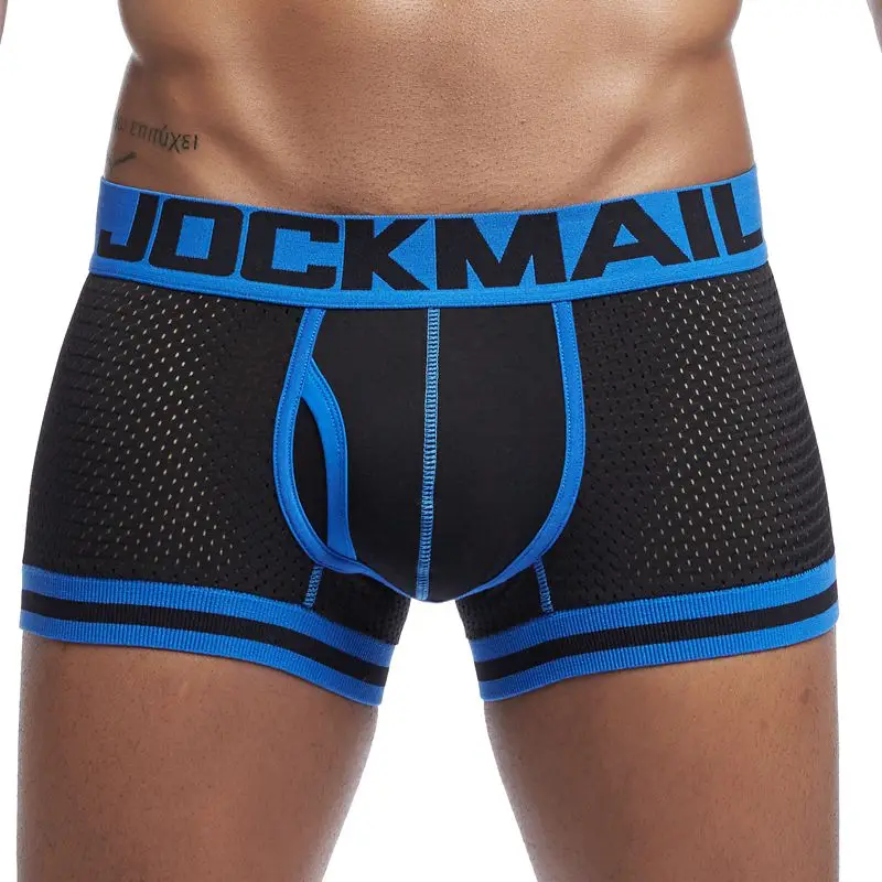 JOCKMAIL, фирменное Мужское нижнее белье, боксеры, трусы, сетчатые, дышащие, с мешочком для пениса, cueca, боксеры, calzoncillos hombre, трусы для сна - Цвет: BLACK BLUE