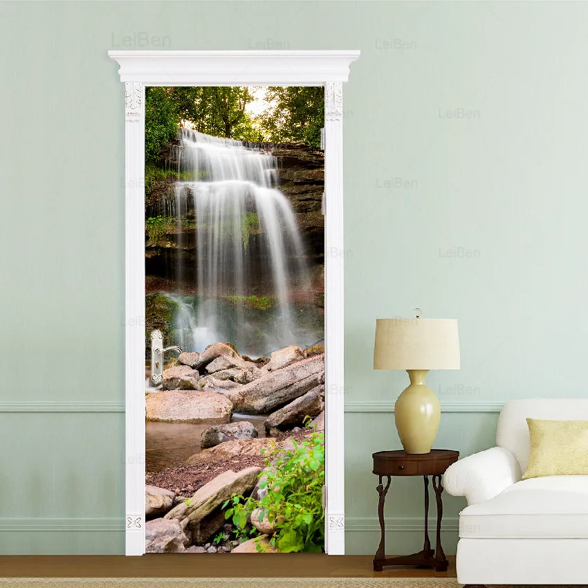 Self Adhesive 3d Door Stickers Forest Waterfall Landscape Art Renovation Living Room Waterproof Wallpaper Home Decor Picture | Дом и сад