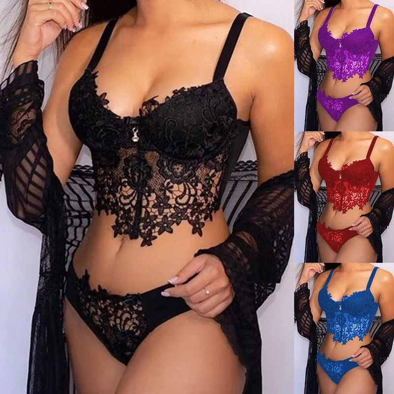 

Lace Lingerie Hollow Out Women's Underwear Transparend Bra Set Black Lingerie Set Sexy Hot Erotic 2020 Bra Set
