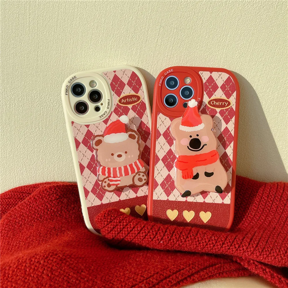 

Cartoon Christmas Bear bracket Phone Case For iPhone 13 12 11 PRO MAX XS X XR 7 8 PLUS Silicone Soft Frame Lattice Cover Shell