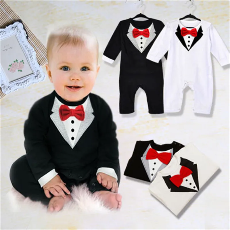 

0-24 Months Baby Boys Rompers Long Sleeve Bow Tie Baby Boys Jumpsuit Black White Gentleman Formal Newborn Clothes Playsuit