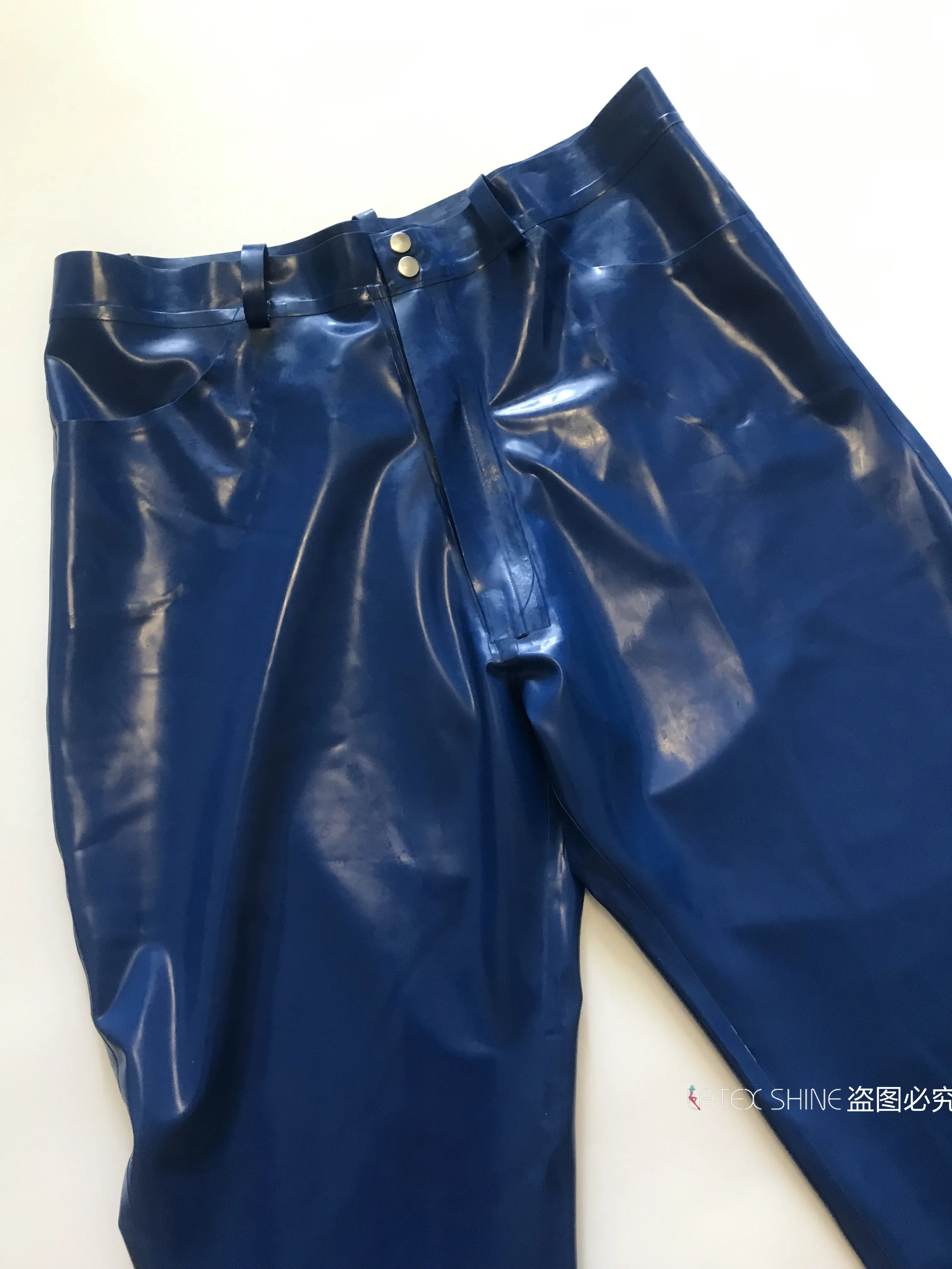 Сексуальные мужские синие латексные фетиш брюки резиновые Джинсы Карманы с