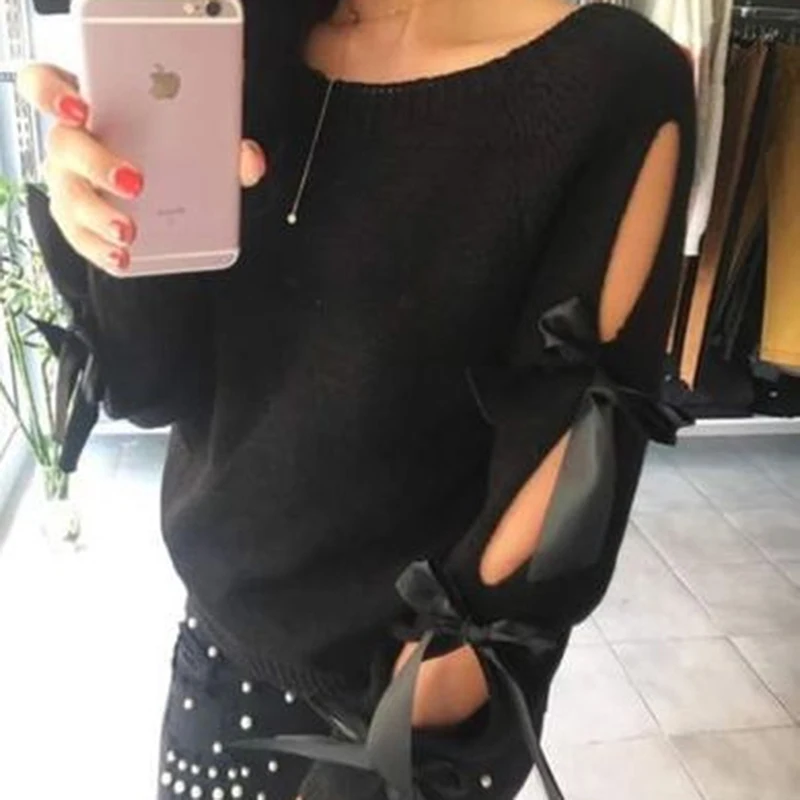 

New Women Bow Hollow Out Long Sleeve Warm Sweater Pullover Knitting Bow Loose O-Neck Tops Blouse Knitwear