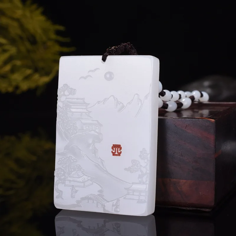 

Natural Chinese White Jade Hand Carved Landscape Pendant Fashion Boutique Jewelry Men and Women Necklace Popular Gift