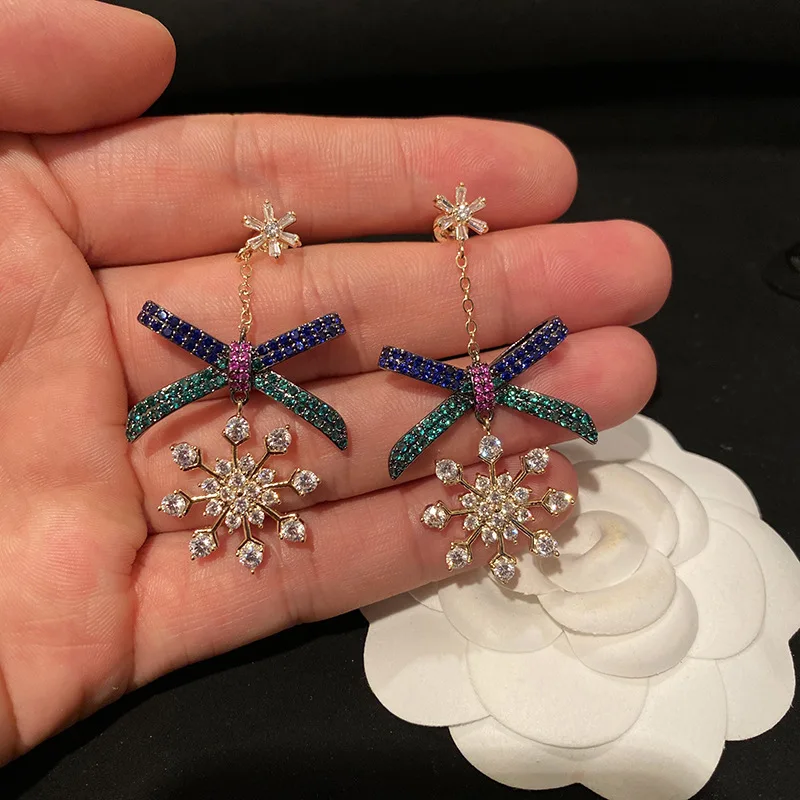 

Korean Pop Blue Green Color Bow Snowflake Tassel Earring Wedding Party Charms Modern Geometric Jewelry Dropshipping