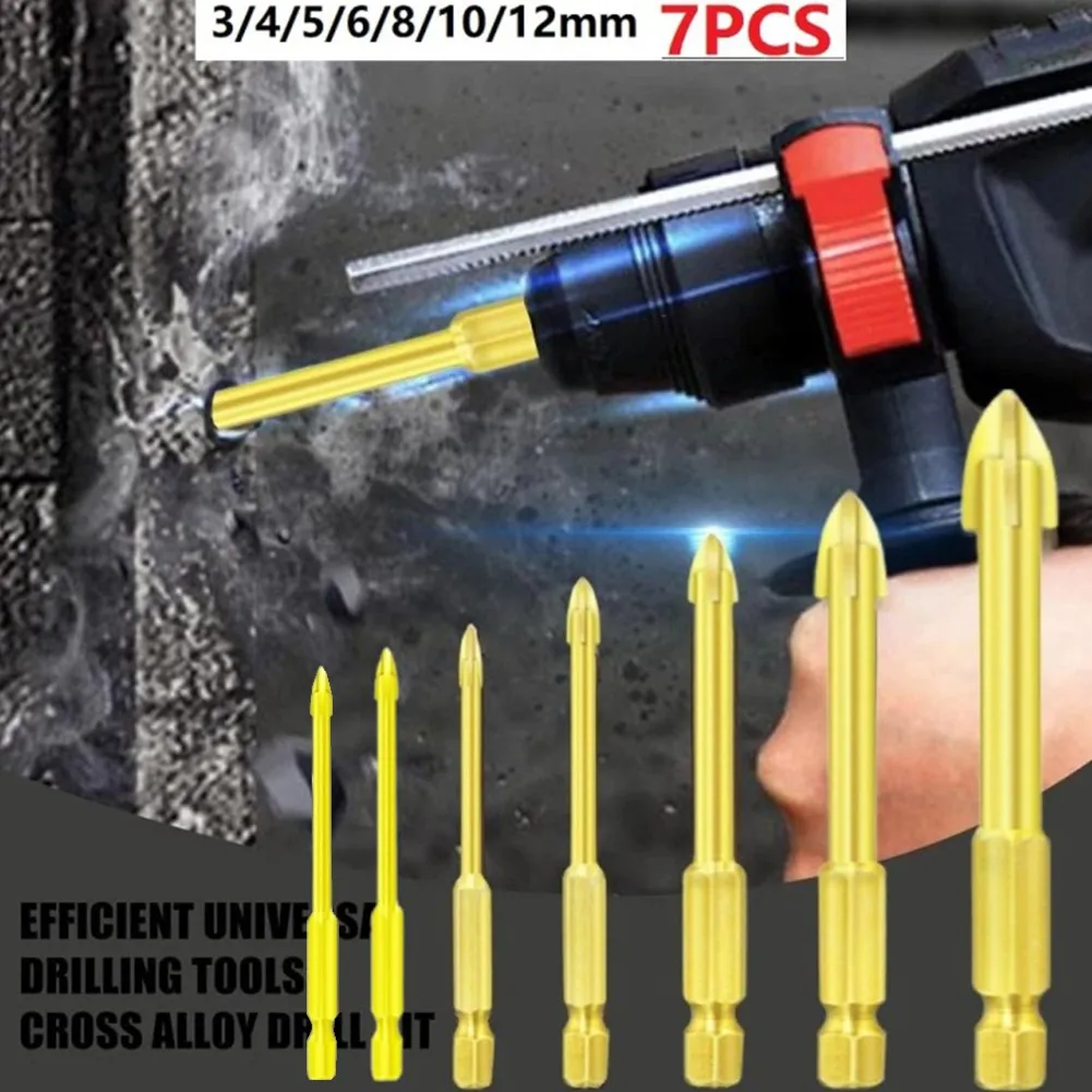 

7Pcs Universal Hex Cross Alloy Drill Bit Set 3/4/5/6/8/10/12mm Hand Drills Hole Opener For Tile Marble Mirror Glass Drilling