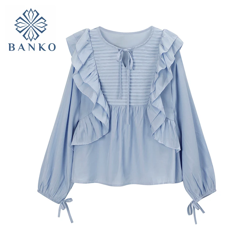 

Женская блузка с длинным рукавом, Повседневная элегантная свободная винтажная блузка в Корейском стиле с круглым вырезом и оборками, осень ...