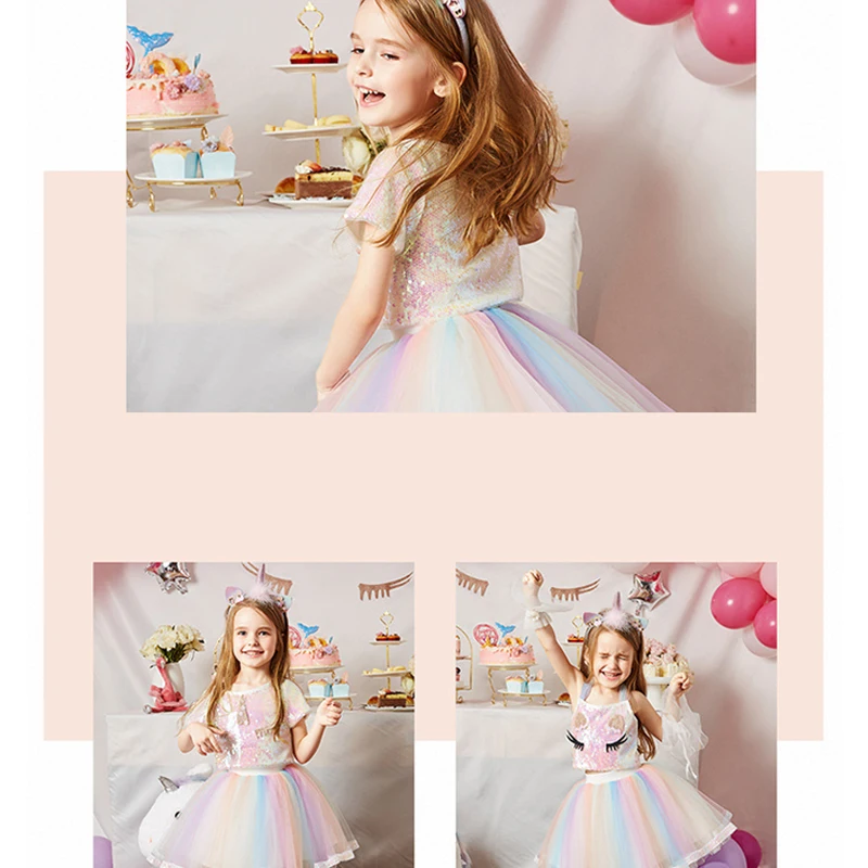 

Toddler Girls Birthday Outfits Unicorn Rainbow Kids Sequin Tutu Skirts Short Sleeve T-shirts Children Party Sparkle Outfits 4t 7