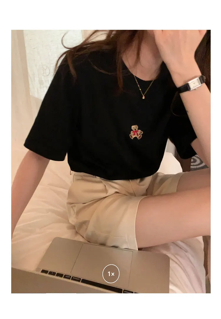 

5colors 2021 summer korean style Cartoon Bear Embroidery short sleeve crop top for womens tshirts womens tee shirt femme (X1891)