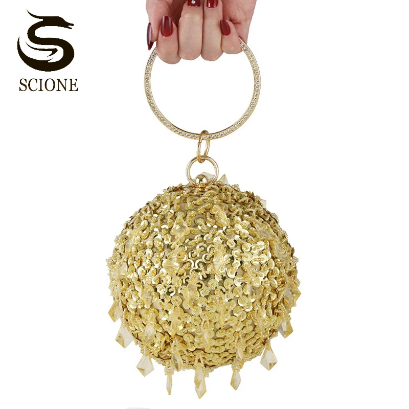 

Female Circular Evening Bag Women Wedding Party Clutch Small Beading Handbags Round Purse Luxury Tassel Bags Solid Color XA301M