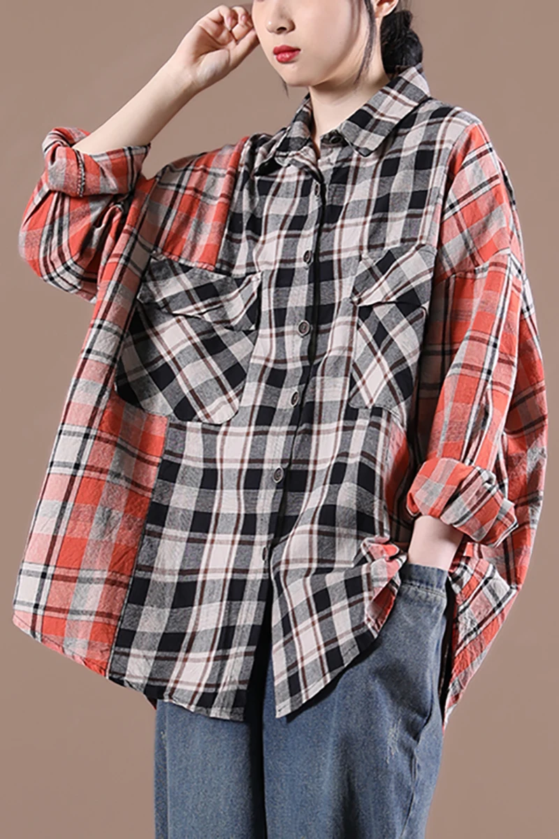 

IEQJ 2021 new spring and autumn fashion women clothes turn-down collar batwing sleeves plaided wide loose shirt WP47507