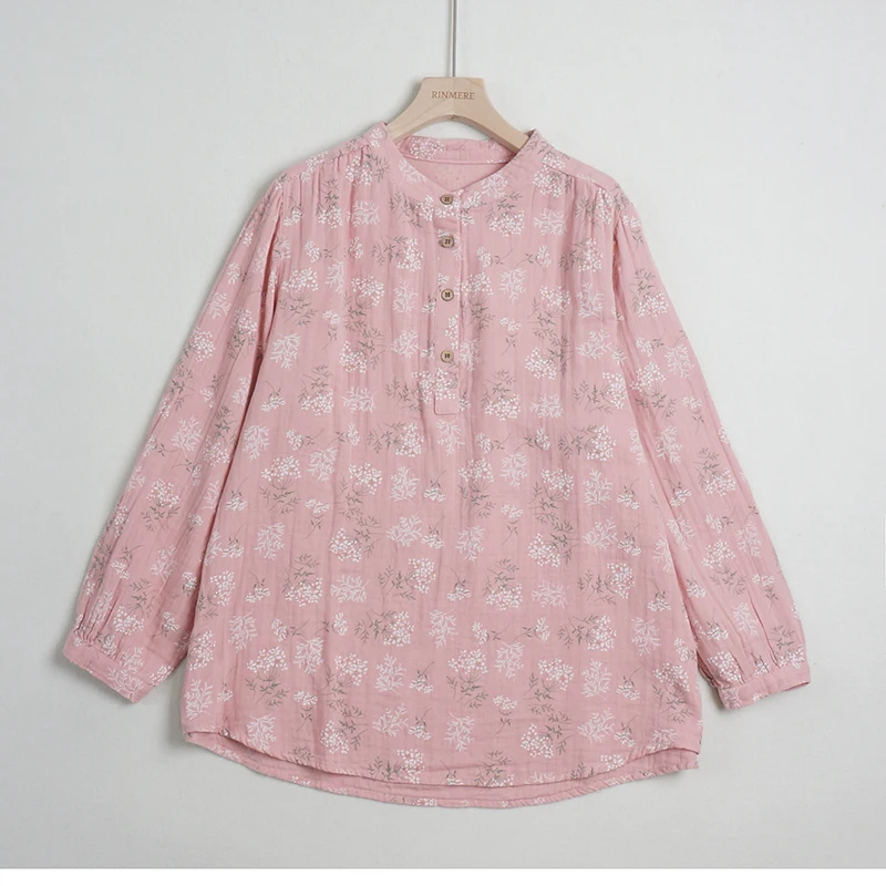 

Spring Autumn New Japanese Floral Double Cotton Collar Long Sleeve Head Loose Shirt Large Size Ladies Blouse Restoring Ancient