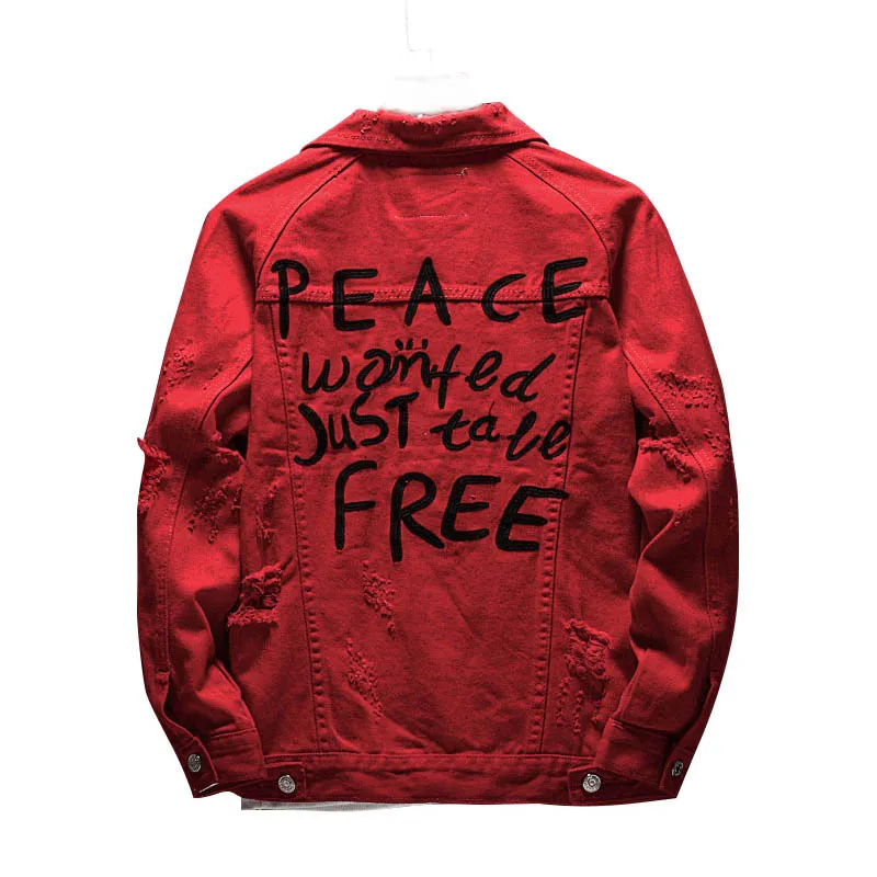 

Men's Hip Hop Ripped Denim Jackets Letter Embroidery Biker Outwear Coats For Male Clothing Red Color