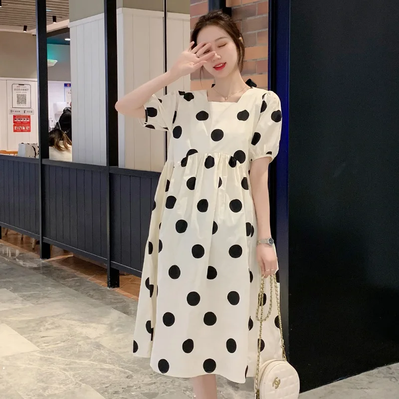 

New Maternity Spring Top Dot Maternity Dress Cotton Summer High Waist Dress Pregnant Clothes Big Size Dress For Pregnant Women