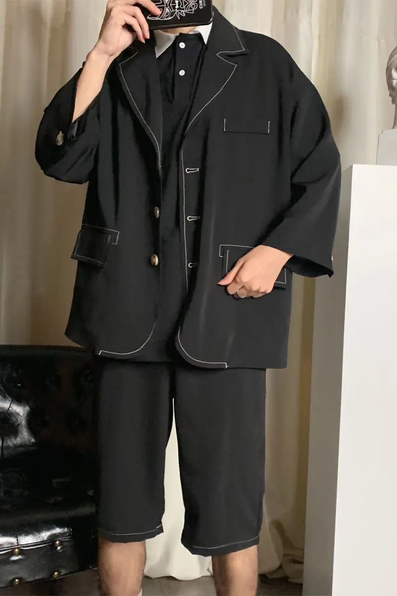 

2021 Suit Jackets+Shorts Men's Fashion Leisure Black/green Sets Loose Tracksuit Casual Suit Jackets Clothes Plus Size S-2XL