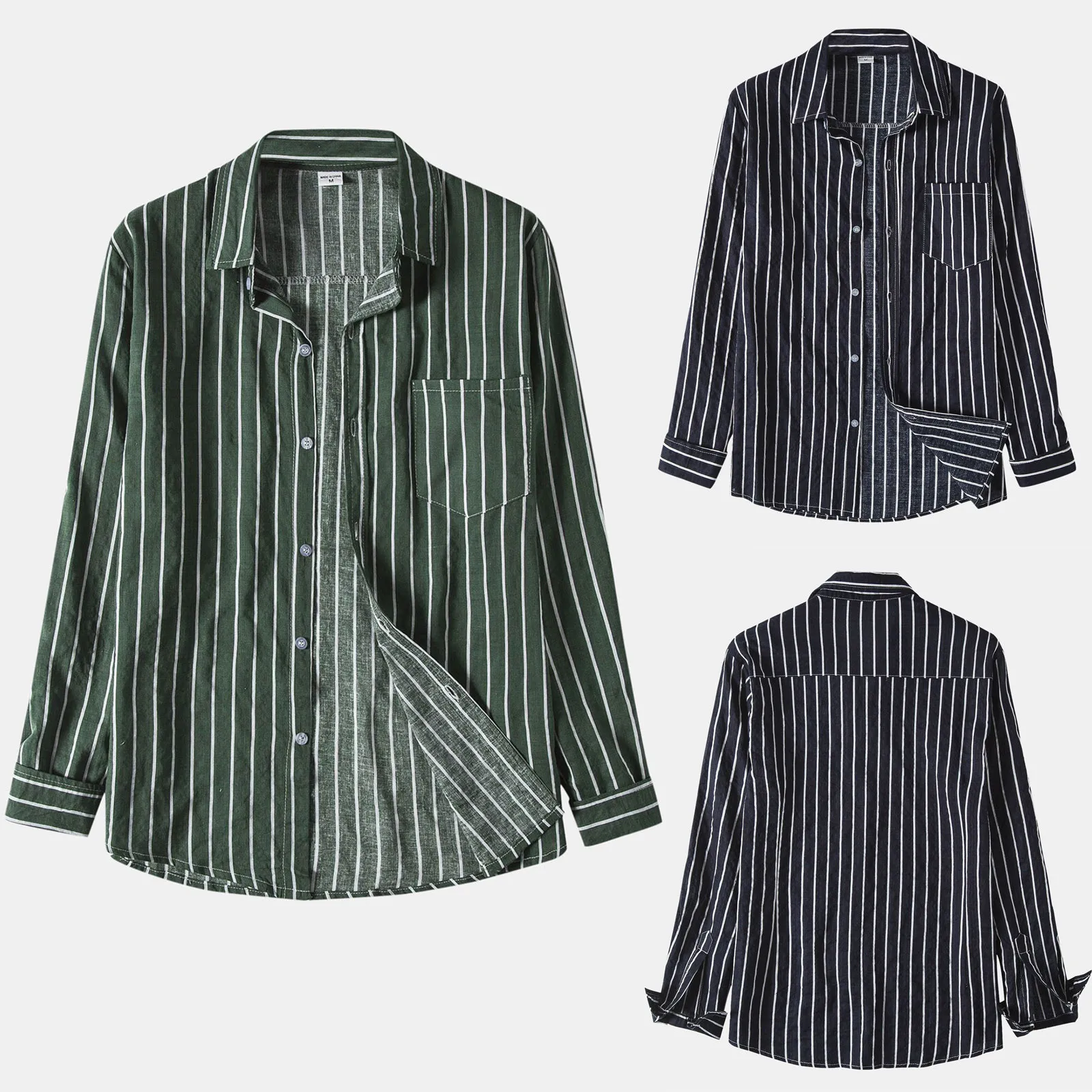 

Мужская Рубашка с отложным воротником, Повседневная Свободная Рубашка в полоску, с длинными рукавами, карманами и пуговицами, Прямая постав...