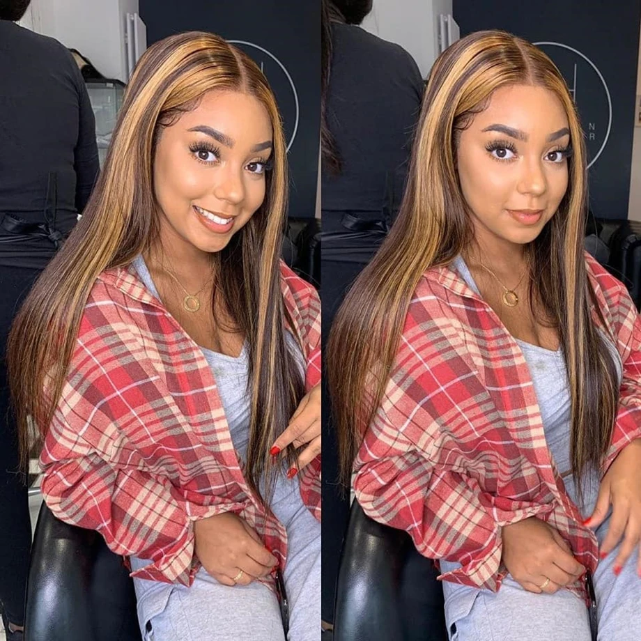 

360 HD Lace Front Human Hair Wig Brown Blonde Highlight Straight Glueless Frontal Brazilian Ombre PrePlucked Virgin For Women
