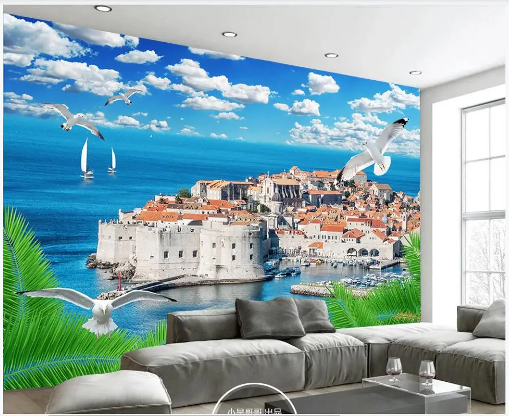 

3d wallpaper custom photo Blue sky white clouds sea city background decor living room 3d wall murals wallpaper for walls 3 d