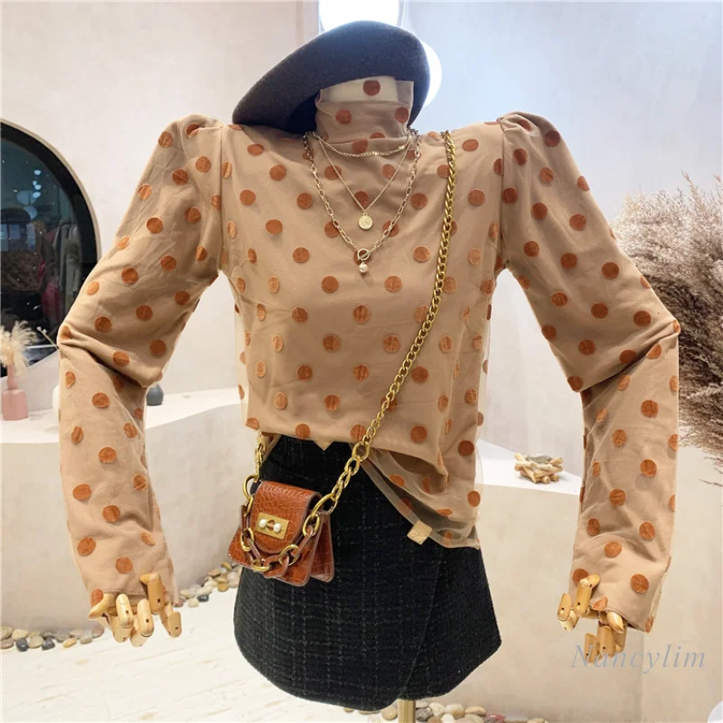 

Winter Mesh Patch Cotton T-Shirt Womens 2021 New Korean Style Turtleneck Dot Gauz Shirt Slimming Tees Ladies Tops Thicken Warm