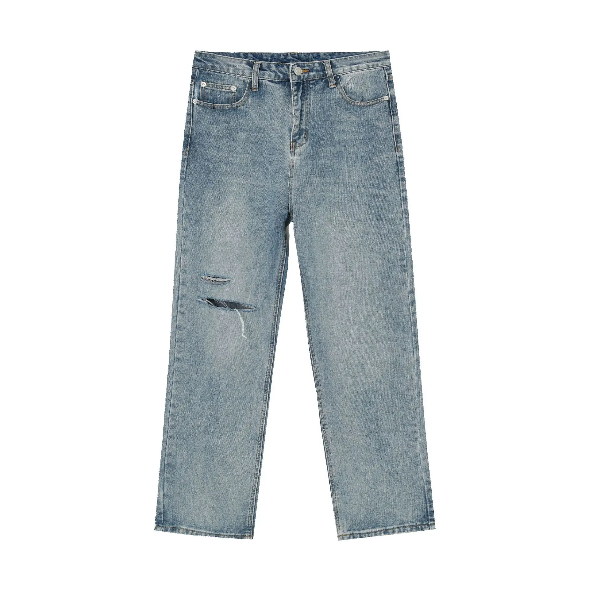 High Quality Cut Denim Men's Ripped Baggy Jeans Korean Style Straight Loose Dad Ripped Trousers Holes Cotton Male Denim Jeans