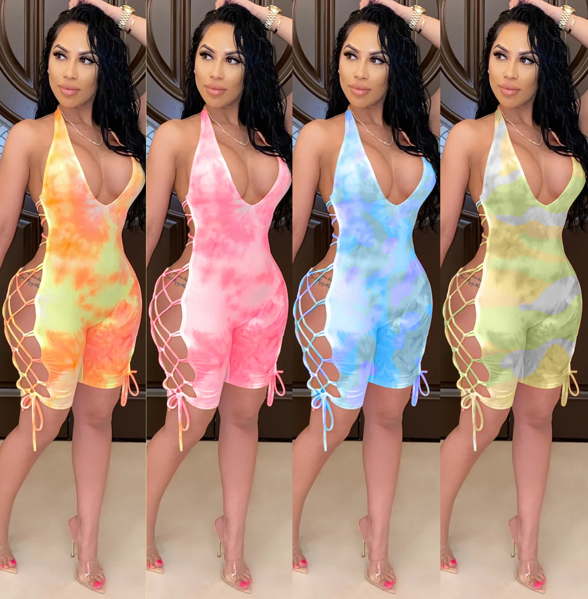 

Women's Tie-Dye Printed Jumpsuit Summer Fashion Sexy Cutout Lace Up Backless Sling Bodysuit Sleevless Halter Playsuit Short Pant