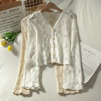 fashion loose flower sweater women lace up long flare sleeve crop tops hollow out single breasted ladies blouse autumn cardigan