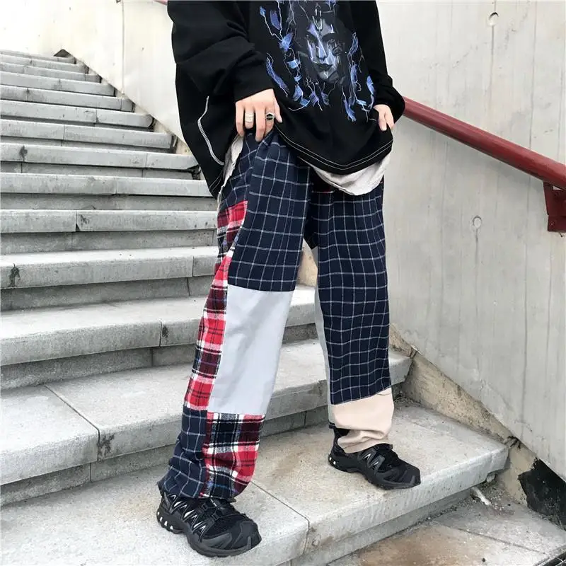 

2020 Patchwork Plaid Mens Harem Cargo Pants Harajuku Fashion Sweatpants Streetwear Hip Hop Casual Track Trousers Outwear