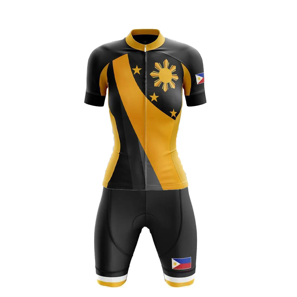 

Филиппинская желтая Roupa Ciclismo Женский комплект велосипедная одежда с коротким рукавом нагрудники шорты гелевые дышащие подушечки новый ком...