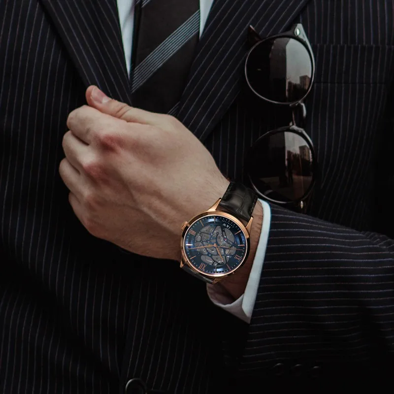 Фото Blue Skeleton Watch for Men Luxury Brand I&W Rose Gold Case Automatic Watch Sapphire Leather Strap Men Mechanical Wristwatches №3