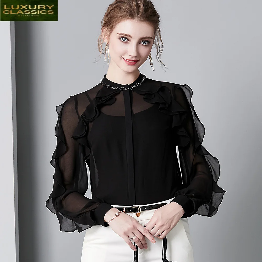 Silk Vintage Blouse Real Womens Tops and Blouses Elegant Clothes Long Sleeve Ruffles Shirts Spring Autumn Shirt 2021 5343