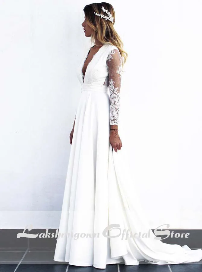 Дешевые длинные белые кружевные А-образные Свадебные платья vestido de noiva с прозрачными длинными рукавами