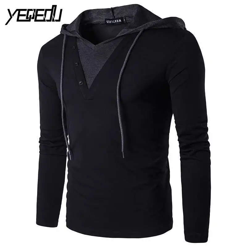 

#4102 Spring 2021 With Hooded Teens Long Sleeve T Shirt Patchwork Fashion Tee Shirt White Black Fake Clothing Good Quality