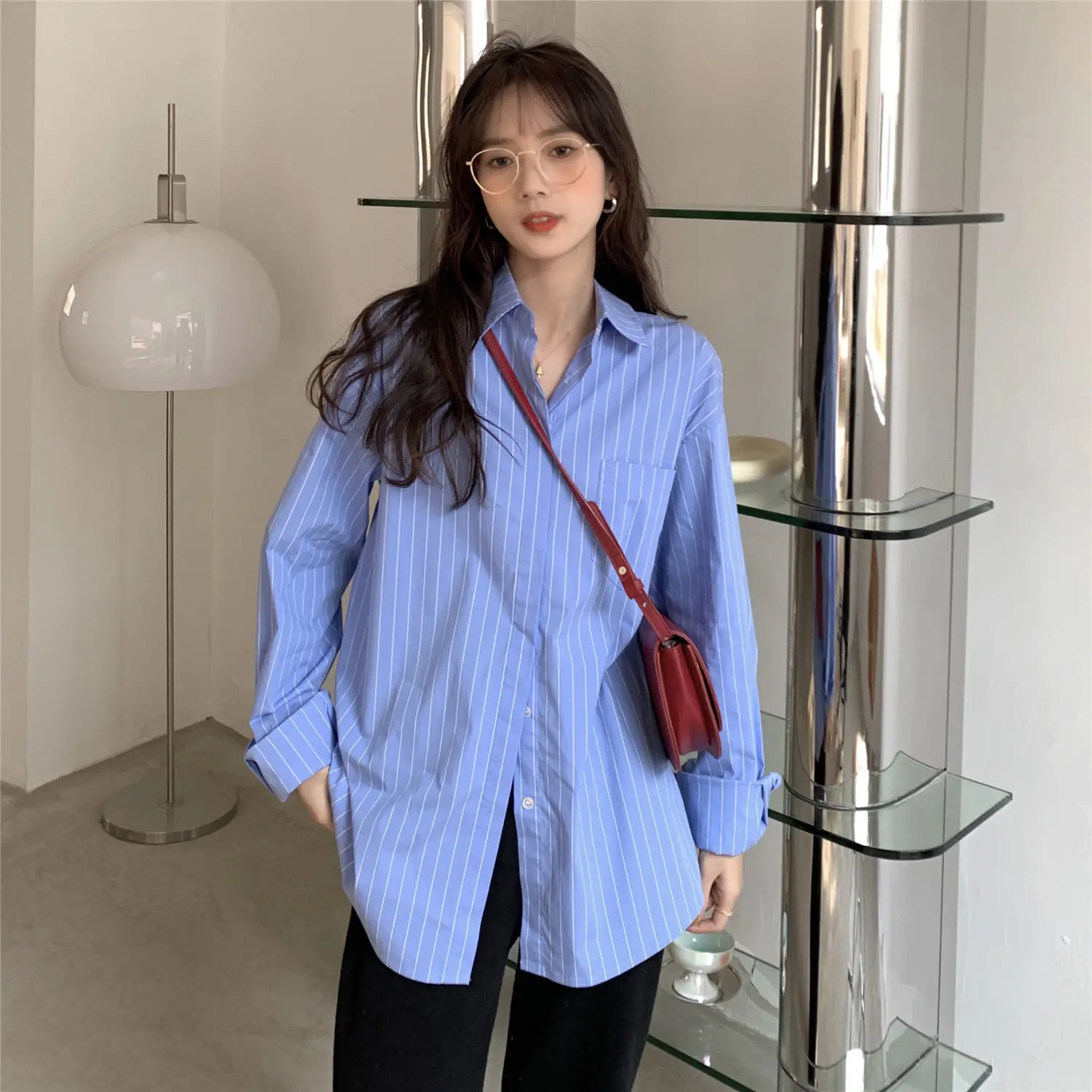 

Blue stripe long sleeve shirt women's new design in spring and summer