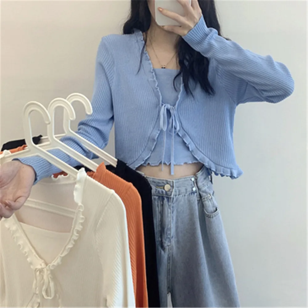 

2020 Patched One-piece Cropped Sweaters Pullovers Women's Ruffles Full Sleeve Laced Sweater Shirts Crop Tops For Female PZ3497