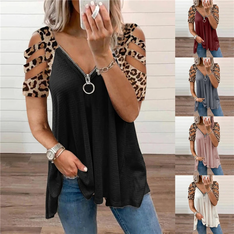 

Блузка женская с V-образным вырезом, пикантная Модная Повседневная Туника с коротким рукавом, с леопардовым принтом, в стиле пэчворк, на лето