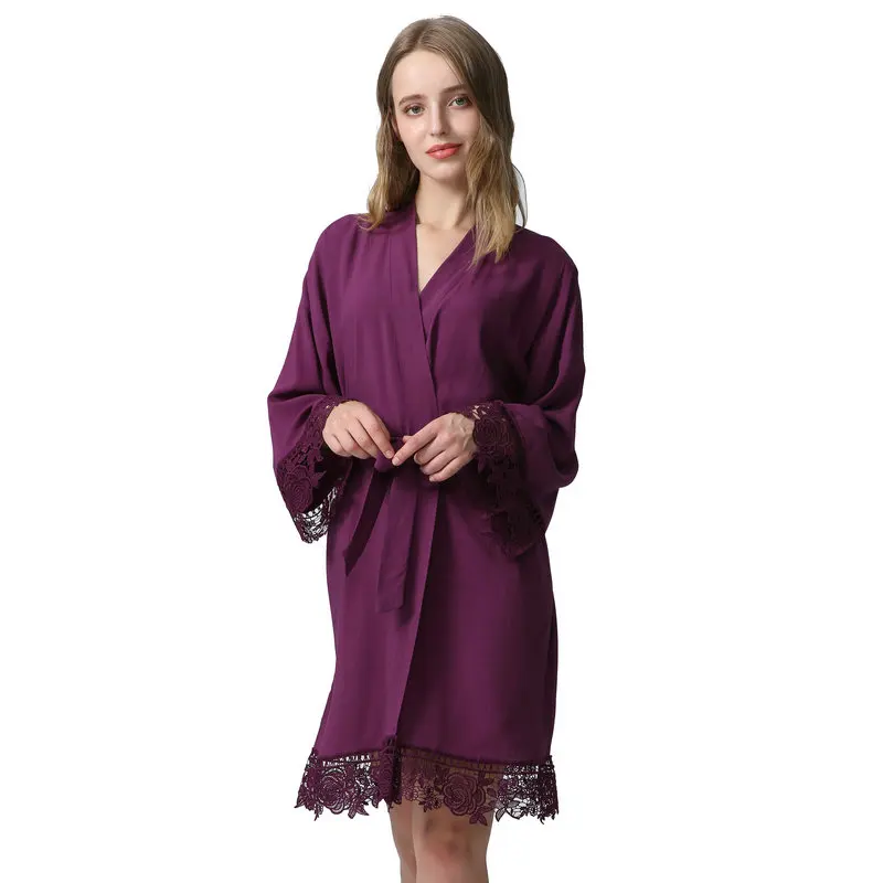 purple Однотонное хлопковое кимоно, халаты для подружек невесты с кружевной отделкой, женский свадебный халат с коротким поясом, халат, одежда для сна размера плюс, женский ночной халат - Цвет: purple