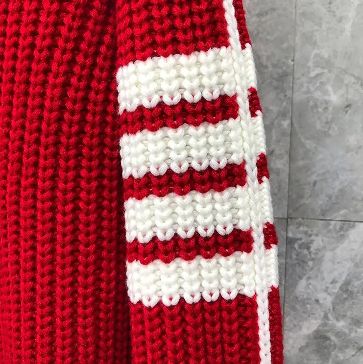 

2021 Fashion TB THOM Brand Sweaters Men Women Slim O-Neck Red Pullovers Clothing Striped Wool Cotton Thick Winter Casual Coat