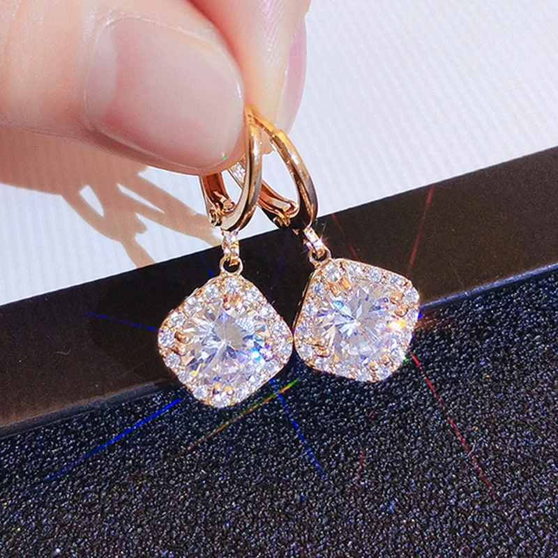 New Fashion Fine 14K Real Gold Geometric Crystal Drop Earrings for Women High Quality Jewelry AAA Zircon S925 Silver Needle Gift