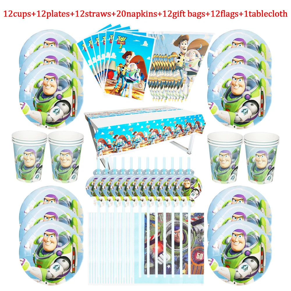 

High Quality Disney Toy Story Birthday Party Disposable Tableware Napkin Straws Cup Plate Tablecloth Baby Shower Decoration